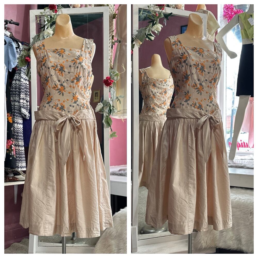 Vintage 50s Floral Print Embroidered Fit & Flare Cotton Day Dress Party Summer S